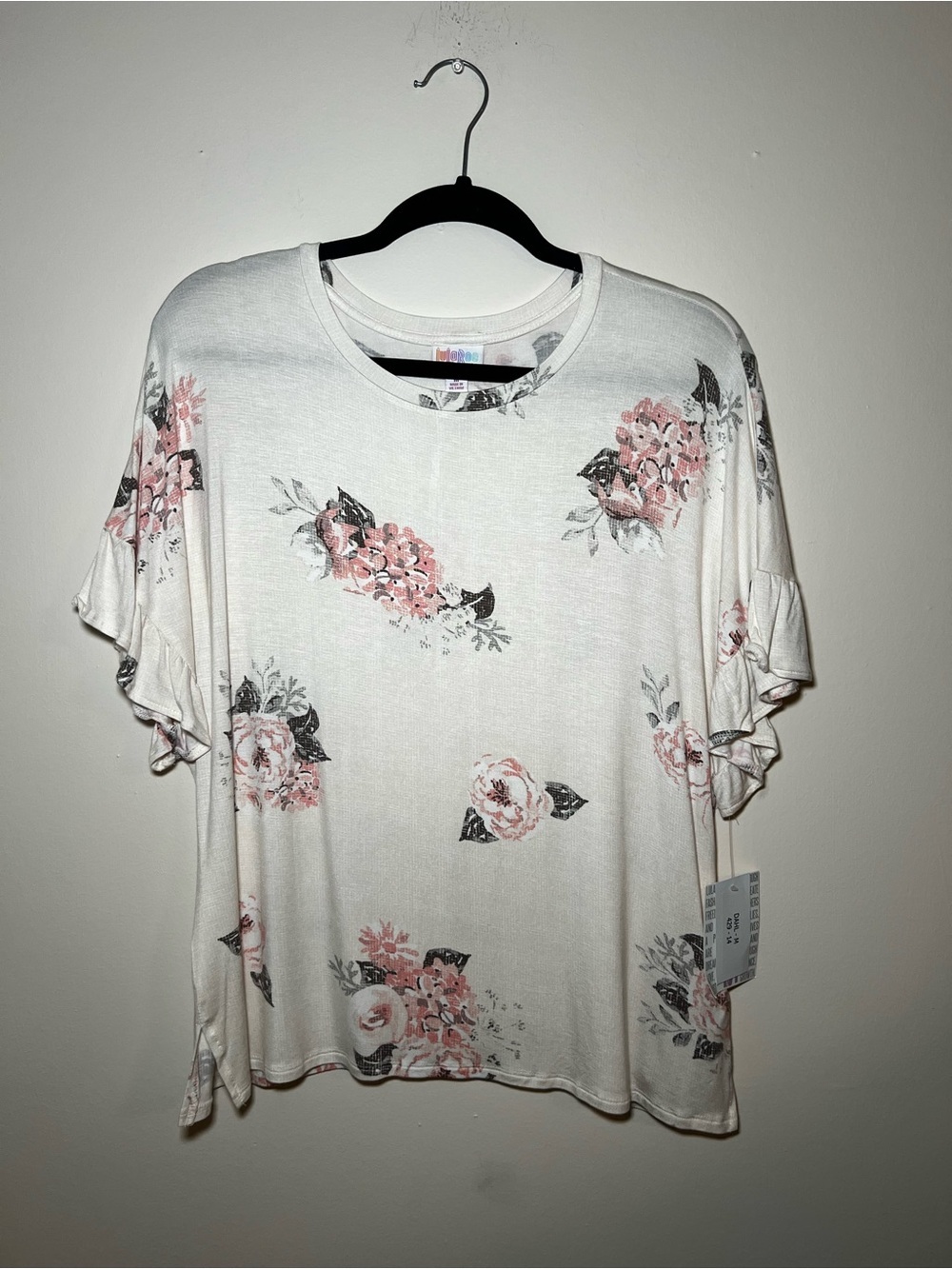 LuLaRoe Dahl Cream Short Sleeve Top with Pink Floral Print